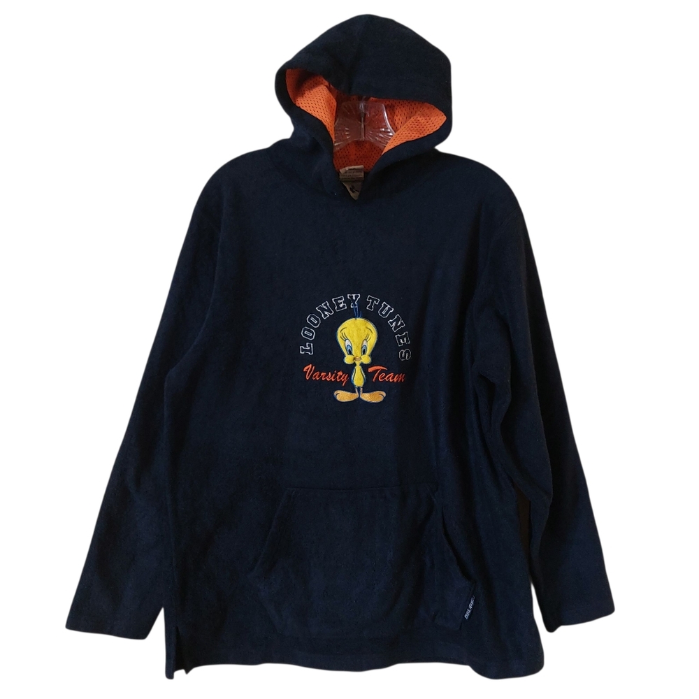 Vintage Y2K Warner Bros. Navy Blue Looney Tunes Varsity Team Pull Over Hoodie